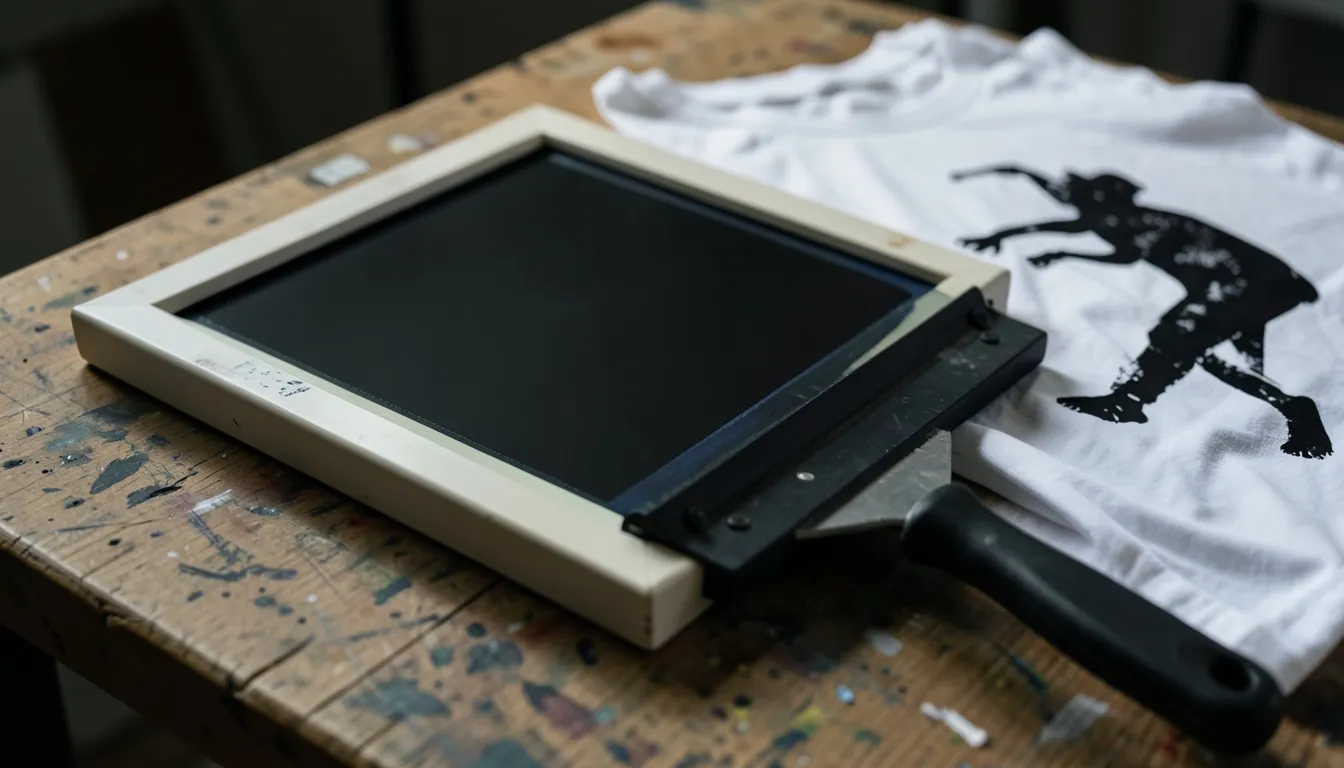 Screenprinting frame and squeegee beside a freshly printed shirt